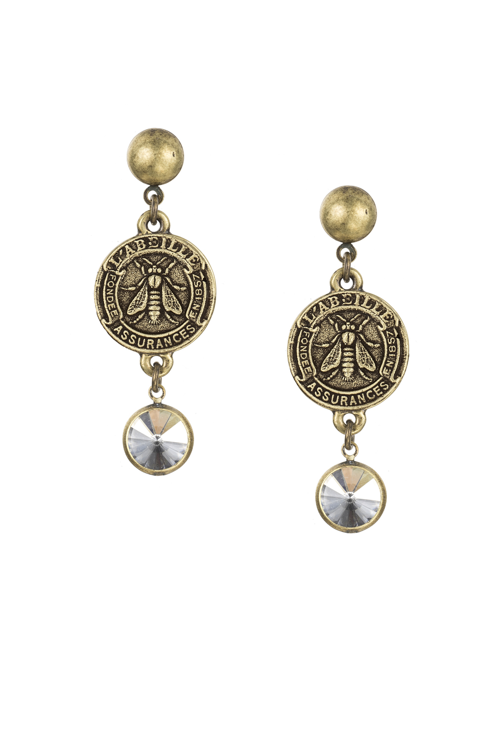 BRASS MINI ABEILLE MEDALLION WITH AUSTRIAN CRYSTAL DROP