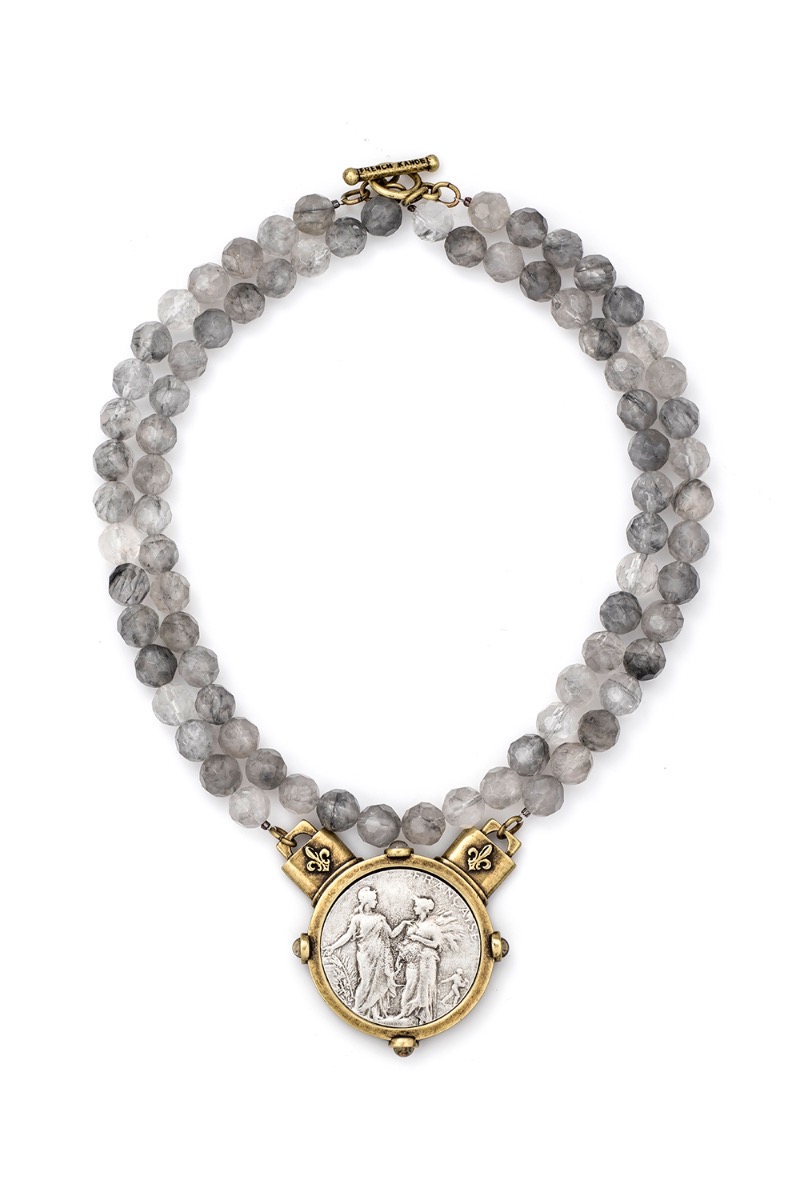 DOUBLE STRAND FACETED CLOUDY QUARTZ WITH REPUBLIQUE MEDALLION