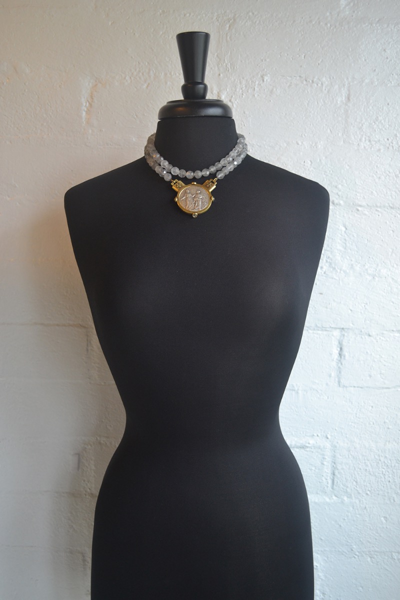 DOUBLE STRAND FACETED CLOUDY QUARTZ WITH REPUBLIQUE MEDALLION